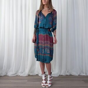 Sundance Women's Small Blue Purple Boho Button Down Midi Dress Belted Pockets
